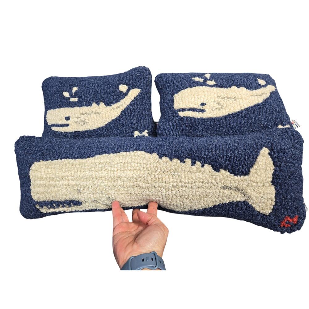 Chandler Four Corners Whale Hooked Lumbar Throw Pillows Set Of 3 Blue Nautical